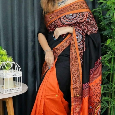 DS-401-Dupian Silk Saree Block Printed