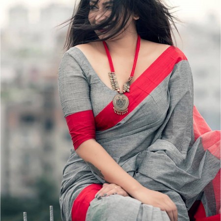 Ash Red Color Cotton Saree With Blouse h103